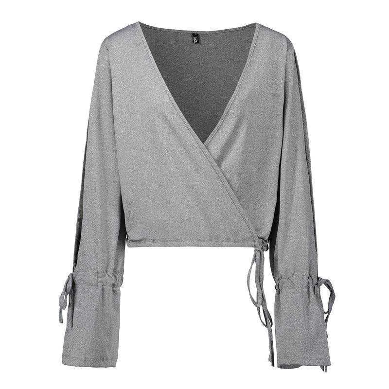 V-Neck Cropped Crop Top Flared Long-Sleeved Solid Color Loose T