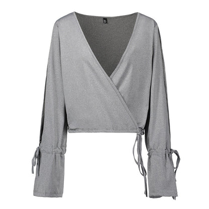 V-Neck Cropped Crop Top Flared Long-Sleeved Solid Color Loose T