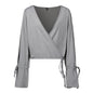 V-Neck Cropped Crop Top Flared Long-Sleeved Solid Color Loose T