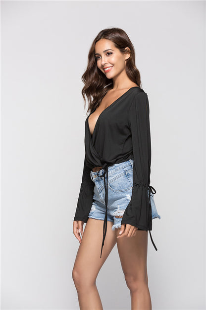 V-Neck Cropped Crop Top Flared Long-Sleeved Solid Color Loose T