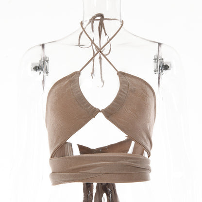 Sexy Babes Style Halter Halter Neck Strap T-shirt